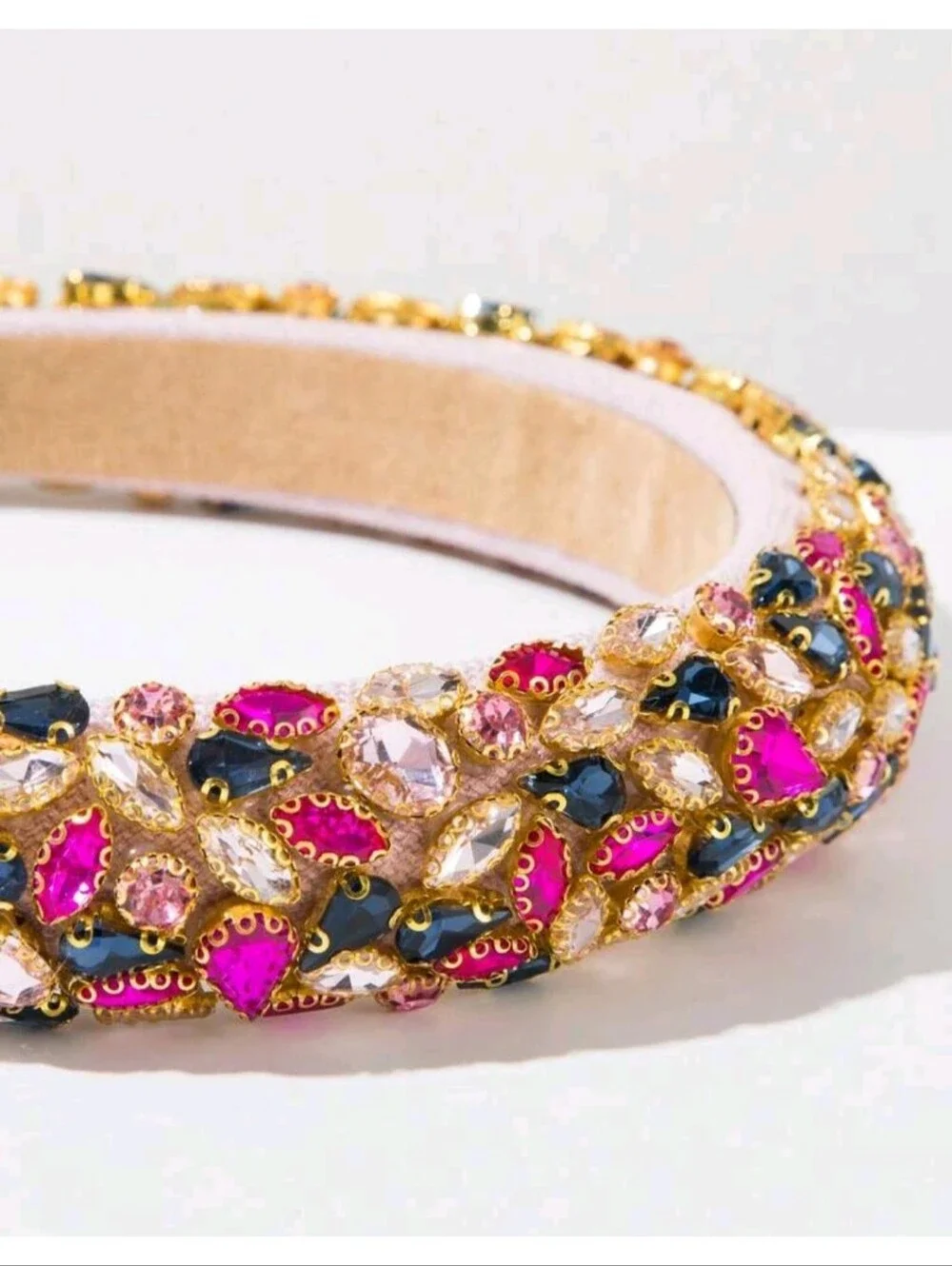 Baroque Style Embellished Pink Navy Champagne Gemstone Headband